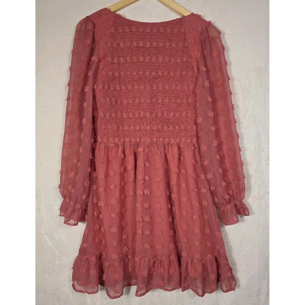 NWT BTFBM Women Medium Pink Swiss Dot Smocked V Neck Long Sleeve Mini Dress - Picture 3 of 12